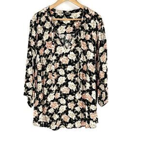 Torrid Top Size 3 Black Pink Floral Dobby Peasant Blouse Tie V Neck Shirt Boho
